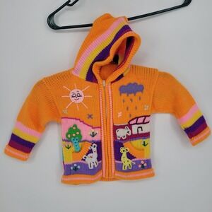 Vintage artisanal hand knit Hooded Sweater Kids Size 2T Animal Patchwork Orange